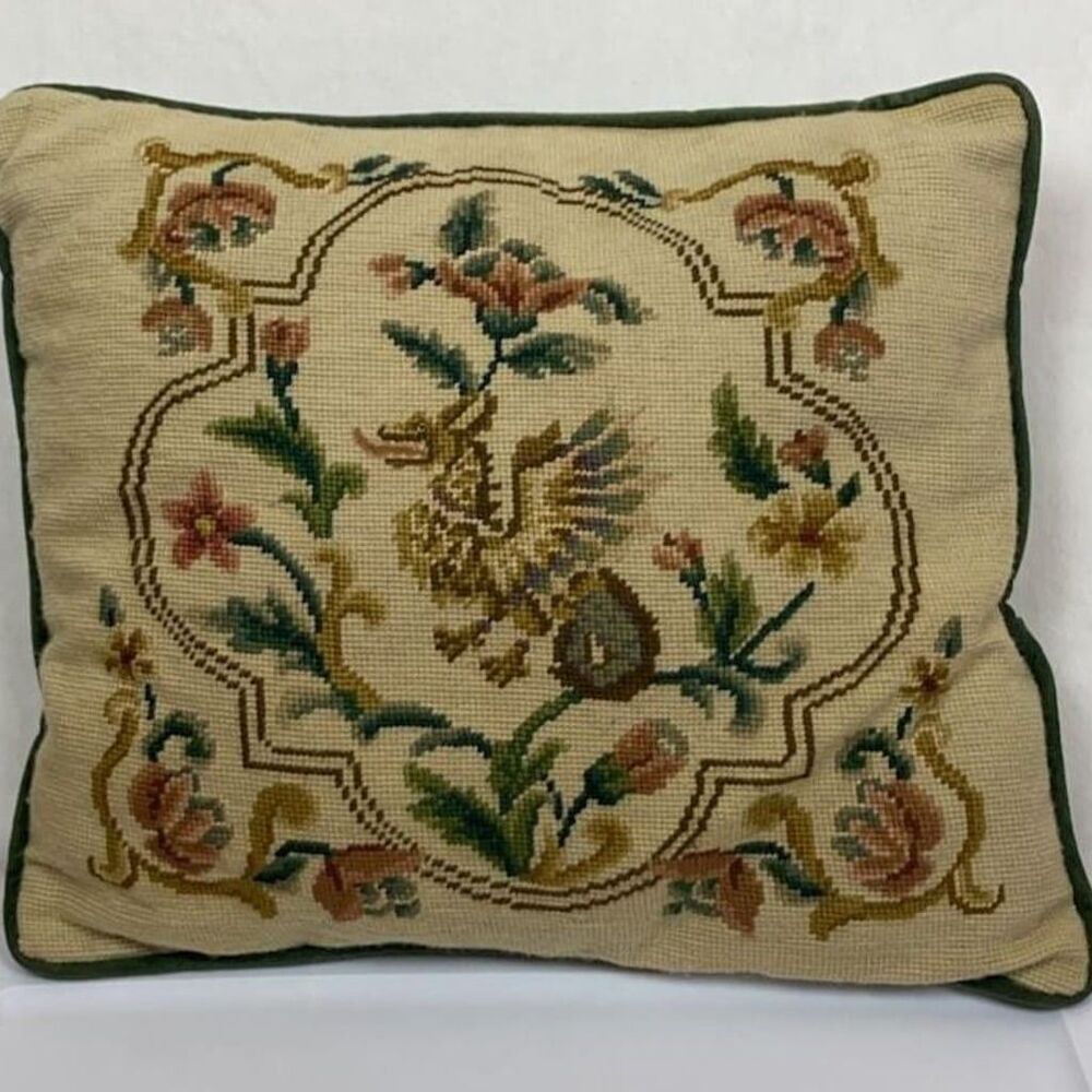 Vintage Needlepoint Griffin Floral Throw Pillow 16 x 18